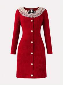 SHEIN Tween Girl Elegant Lace Trim Fitted Dress, Perfect For Casual And Formal Occasions In Fall And Spring And Winter - Red - View 1