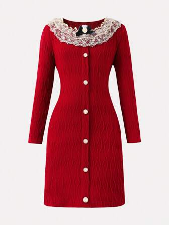 SHEIN Robe ajustée avec garniture en dentelle élégante pour jeune fille, parfaite pour les occasions décontractées et formelles en automne, au printemps et en hiver