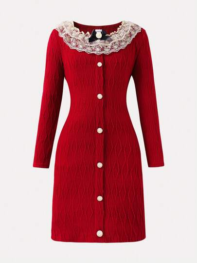 SHEIN Tween Girl Elegant Lace Trim Fitted Dress, Perfect For Casual And Formal Occasions In Fall And Spring And Winter