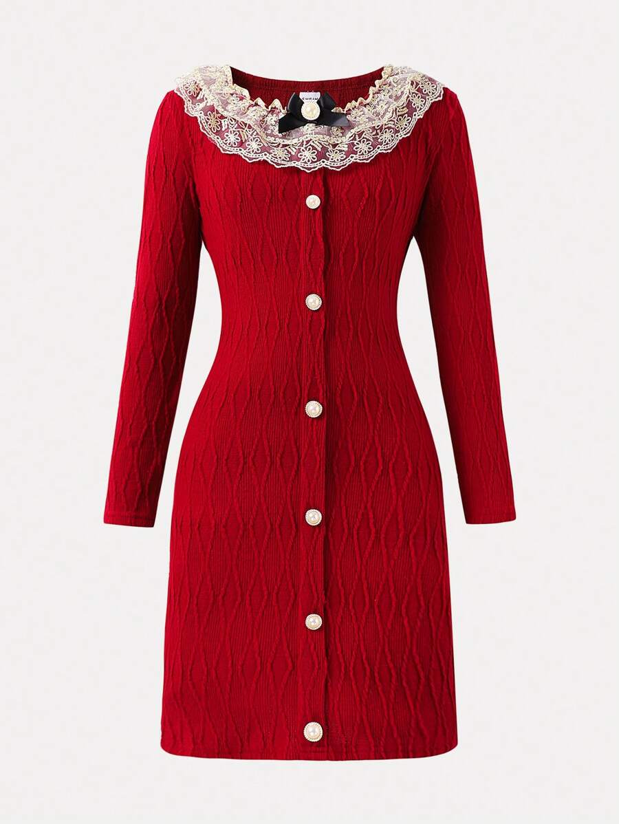 SHEIN Tween Girl Elegant Lace Trim Fitted Dress, Perfect For Casual And Formal Occasions In Fall And Spring And Winter - Red - View 1