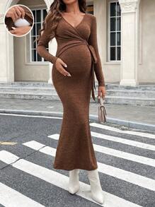 SHEIN Maternity V-Neck Tie-Up Long Sleeve Simple Casual Long Dress