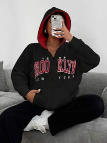 Flirla Plus Size Women Letter Printed Long Sleeve Zip Up Casual Sweatshirt, Autumn Graduation, Back To School Outfits, Graduation, Teacher Outfits For Women, Back To School - Black - View 1