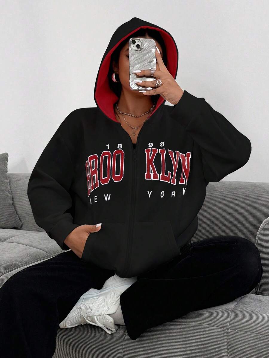 Flirla Plus Size Women Letter Printed Long Sleeve Zip Up Casual Sweatshirt, Autumn Graduation, Back To School Outfits, Graduation, Teacher Outfits For Women, Back To School - Black - View 1