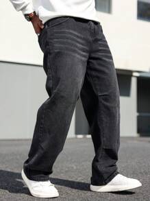 Manfinity Homme 大码男式直筒宽松休闲多口袋牛仔裤 - 黑色 - 查看 5