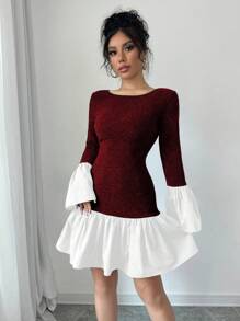 Elenzga Women's Solid Color Patchwork Round Neck Long Sleeve Casual Short Dress Fall Cloth For Women - Red and White - View 6
