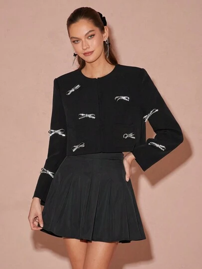 Enchnt 女士秋季蝴蝶结装饰长袖短款优雅夹克