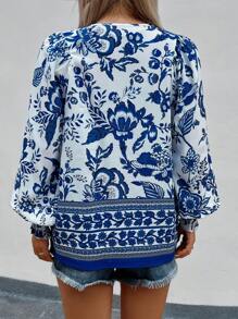 SHEIN Unity Fashionable Casual V-Neck Long Sleeve Scattered Ditsy Floral Placement Floral Shirt Top Fall Cloth For Women - Blue and White - View 2