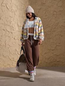 VARSITIE High Neck Long Sleeve Pocket Print Fluffy Colorblock Loose Casual Jacket