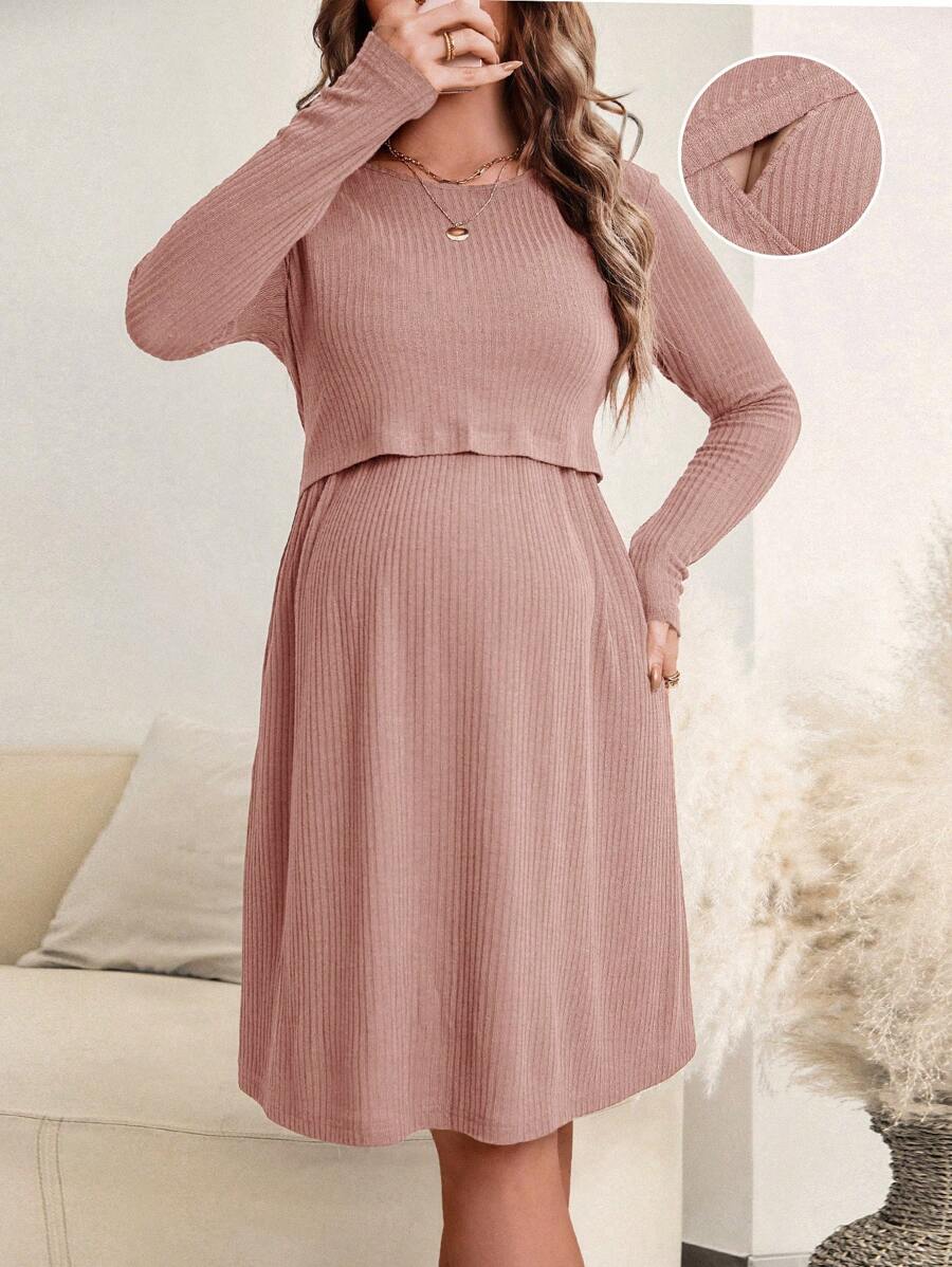 SHEIN 孕妇休闲纯色圆领长袖哺乳连衣裙，带罗纹细节，秋季