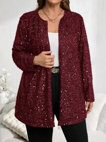 EMERY ROSE Plus Size Solid Color Sequin Decor Open Front Loose Coat For Winter, Fall Women For Christmas, New Years Women - Burgundy - View 6
