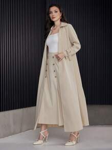 Modelyn 女士休闲纯色长袖风衣夹克和双排扣 A 字裙 2 件套，优雅 2 件套 - 卡其色 - 查看 5