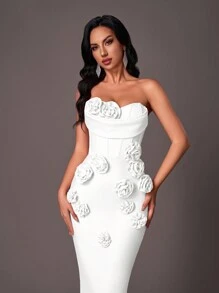 Glamrae Elegante vestido de noche de cóctel con diseño de flor 3D, cuello de volantes sin tirantes y escote de tipo ballena
