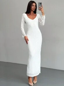 Aloruh Long Sleeve V-Neck Bodycon White Dress, Suitable For Dating, Holiday, Commuting - White - View 7