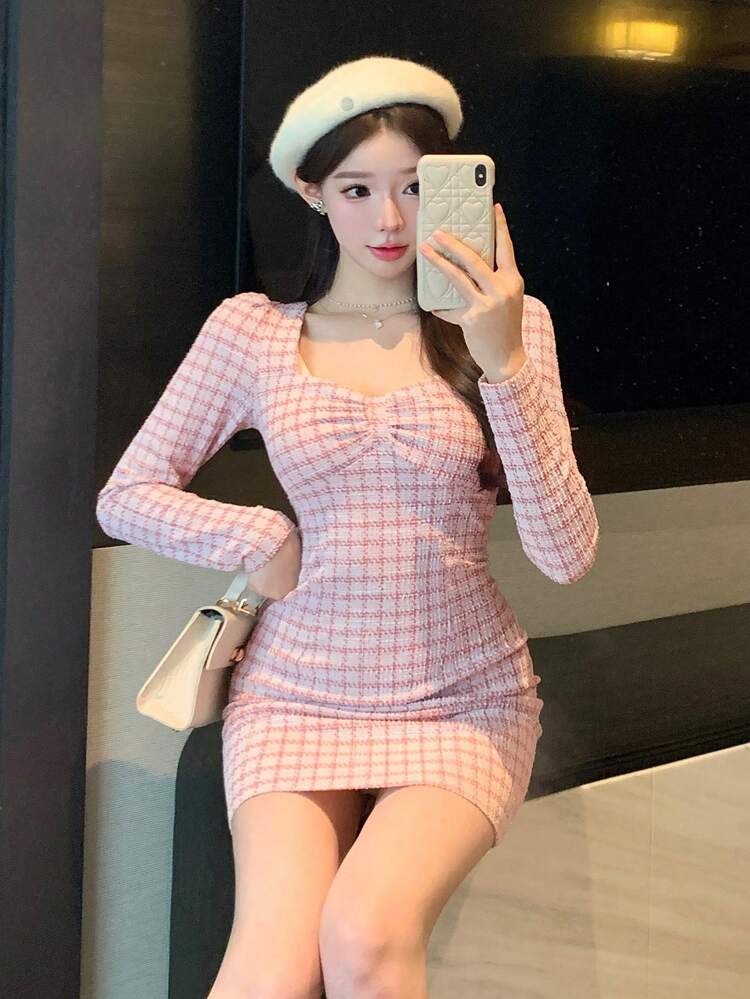 Valentine's Day Pink Fitted Plaid Mini Dress For Women,Fall Dress Long Sleeve Dress