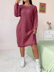 Flirla 大码杏色毛衣裙，简约时尚休闲日常穿着，冬季 - 酒紅色 - 查看 4