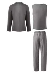 Set de 3 piezas Conjunto de vestir para chicos adolescentes, incluye: chaqueta tipo blazer + chaleco ajustado + pantalón formal, conjunto de traje elegante para cumpleaños, Navidad, boda, graduación, fiesta, presentación, evento - Gris - Ver 2