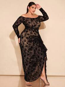 SHEIN BAE Plus Size Women Black Flocked Mesh Off-Shoulder Gathering Ruffled Edge Romantic Flowy Elegant Party Maxi Bodycon Dress
