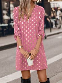 SHEIN Clasi Women Front Zip Long Sleeve All-Over Print Casual Mini Dress