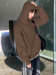 DAZY Men's Solid Color With Pocket Hooded Casual Long Sleeve Sweatshirt, Fall - Brown - View 3