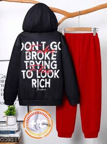 2 件套青少年男孩休闲街头装字母印花连帽运动衫和纯色弹性腰带裤针织两件套服装