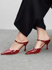 CUCCOO BIZCHIC Fashionable Burgundy Metallic Buckle Mule Pointed Toe Stilettos Heels, Suitable For Commuting, Dating, Party And Vacation For Christmas And New Year Holiday Vibe Fall And Winter