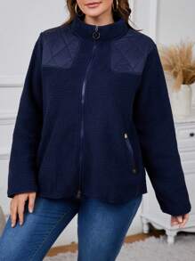 SHEIN LUNE Plus Size Casual Solid Color Stand Collar Jacket, Autumn/Winter - Navy Blue - View 4