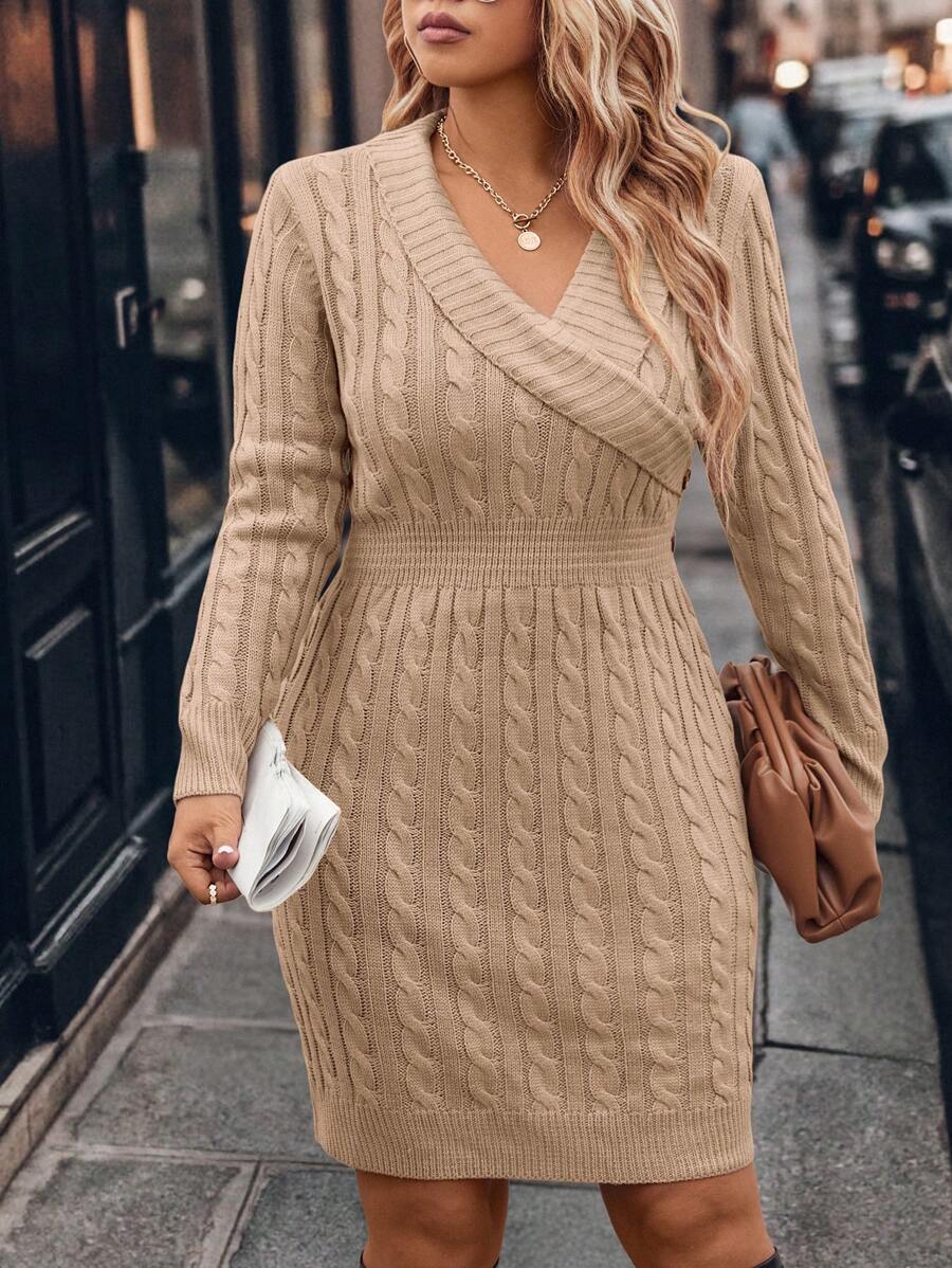 EMERY ROSE Plus Size Women Solid Color Knitted V-Neck Button Bodycon Elegant Work/Formal Mini Sweater Dress, Autumn/Winter Fall Cloth For Women