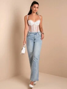 SHEIN BAE 女士细肩带蕾丝拼接黑色紧身胸衣上衣性感紧身衣、万圣节服装、猫女服装 - 白色 - 查看 3