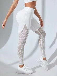Easithlete Fashionable High Waist Seamless Mesh Contrast Active Leggings Yoga Women Pants - White - View 4