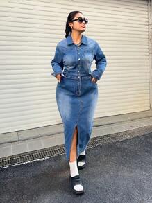 SHEIN ICON Casual Elastic Fitted Split Mini Dress - Medium Wash - View 5