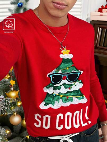 Manfinity Hypemode Men's Casual Christmas Tree Cartoon Letter Pattern Graphic Color Block Knitted Pullover Long Sleeve Sweater, For Party, Friends