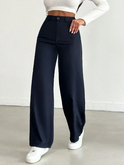 SHEIN Women's Casual Solid Color High Waist Straight Leg Pants, Versatile For Daily Wear And Commuting
