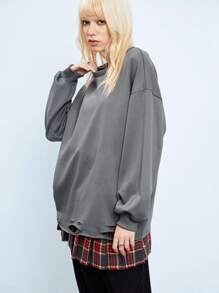 Lunelith SHEIN Lunessa 1 pieza Sudadera de manga larga con cuello redondo, diseño de dobladillo desgastado, estilo punk, otoño/invierno, gris y holgada para mujer