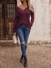 SHEIN LUNE Áo cánh thường ngày cổ chữ V tay dài cài nút cho nữ, mặc hàng ngày - Màu đỏ tím - Xem 4