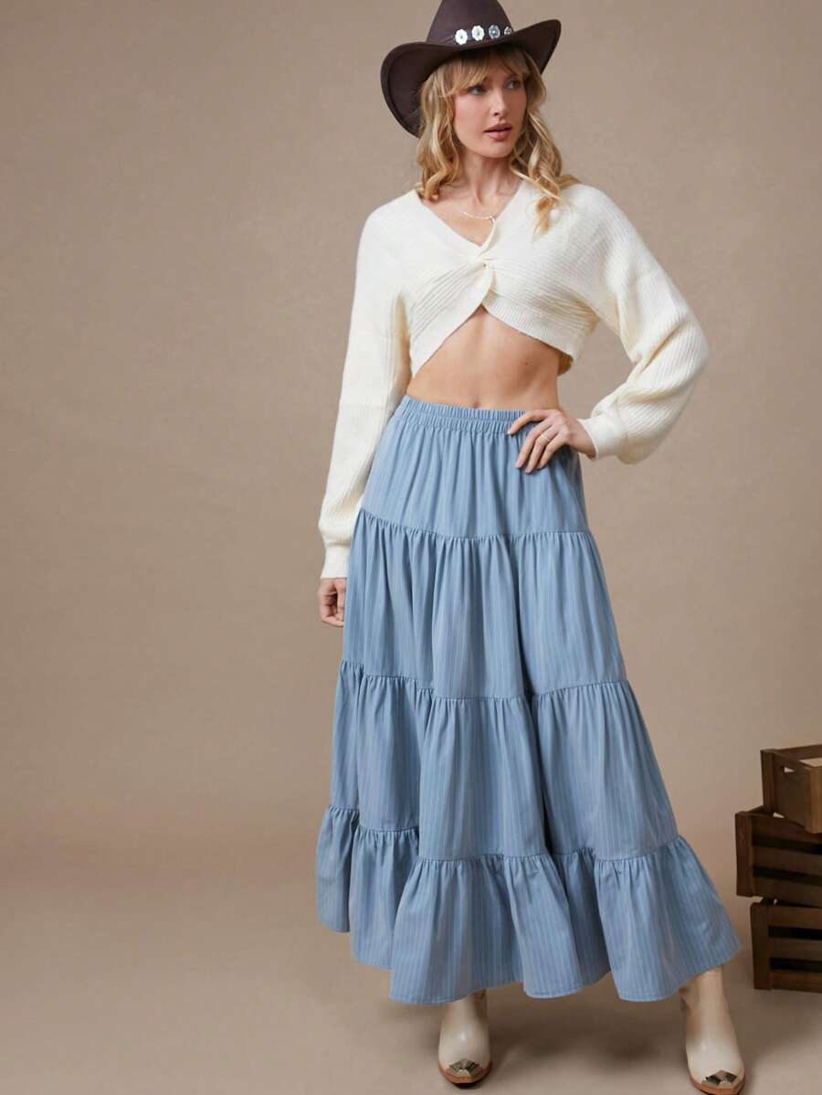 WESTFADE Falda larga de verano con volantes y rayas, estilo occidental para vacaciones - Neblina azul - Ver 1