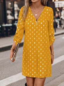 SHEIN Clasi Women's Autumn Zipper V-Neck Sparkle Polka Dot Print Ruffle Cuff Straight Hem Short Dress
