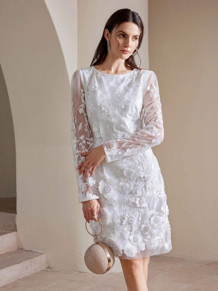 3D Embroidered Mesh Long Sleeve Backless Fitted White Cocktail Party Dress