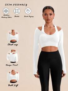 VARSITIE Áo thun thể thao dài tay hở vai cho nữ & áo ba lỗ, màu trơn - trắng - Xem 3