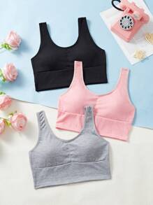 3 pièces/Set Ensemble de lingerie minimaliste décontracté avec bretelles larges de couleur unie pour adolescentes