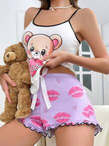 Bộ đồ ngủ in hình trái tim gấu trúc và môi đỏ dễ thương dành cho nữ, đồ mặc nhà thời trang - Nhiều màu - Xem 3