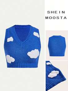 SHEIN Unity 女士 V 领无袖云朵图案休闲针织毛衣背心 - 藍色 - 查看 1