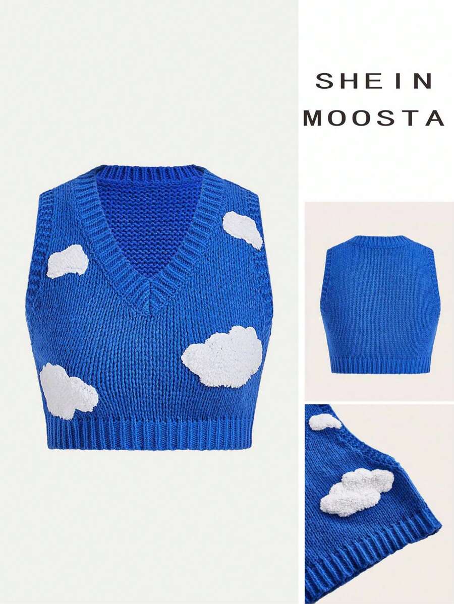 SHEIN Unity 女士 V 领无袖云朵图案休闲针织毛衣背心 - 藍色 - 查看 1