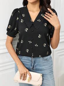 Mulvari 女士花卉刺绣撞色休闲衬衫，短袖 - 黑色 - 查看 3
