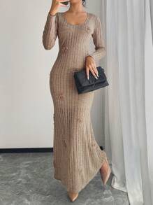 SHEIN Unity Knit Textured V-Neck Slim Fit Knee-Length Dress For Women Maxi Women Outfit Fall Cloth For Women - Khaki - View 3