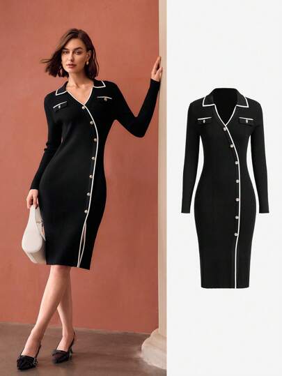 V-Collar Contrast Piping Gold Button Detail Sweater Dress