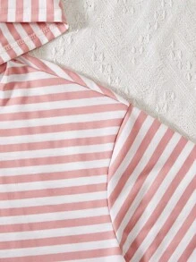 2pcs Teen Girl Striped Minimalist Hooded Long Sleeve Top And Pants Set