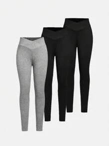 SHEIN Tween Girls' 3-Piece Set Black Solid Slim Fit Leggings Minimalist And Comfortable - Black - View 7