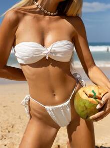 Swim Mod Conjunto de bikini bandeau sexy para mujer de unicolor con textura, decorado con estrella de mar para el verano en la playa