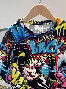 Tween Boy/Tween Boy Graffiti Printed Loose Fit Collared Short Sleeve T-Shirt And Shorts Set, Outfit Sets With T-Shirt