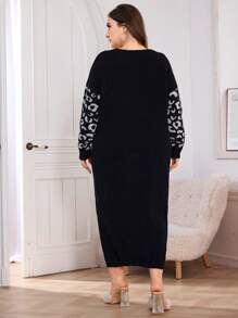 Mulvari Plus Size Women Leopard Print Sleeve Round Neck Casual Dress, For Winter - Black - View 2